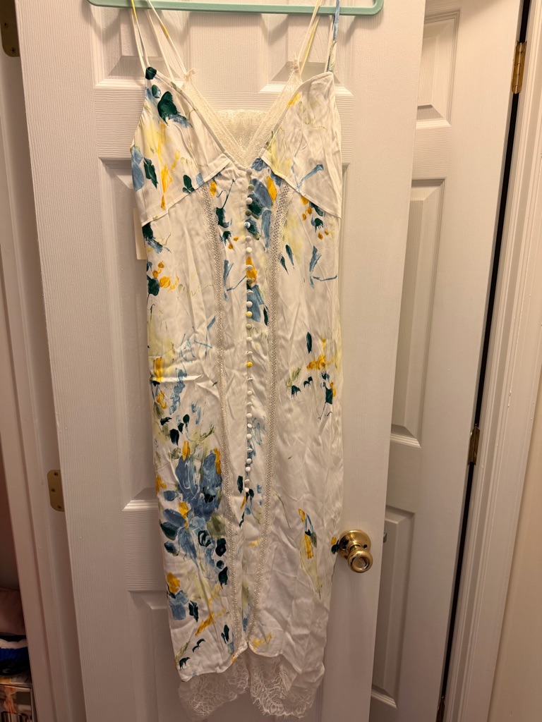 Anthropologie White Floral Slip Dress With Blue And Yellow Flowers